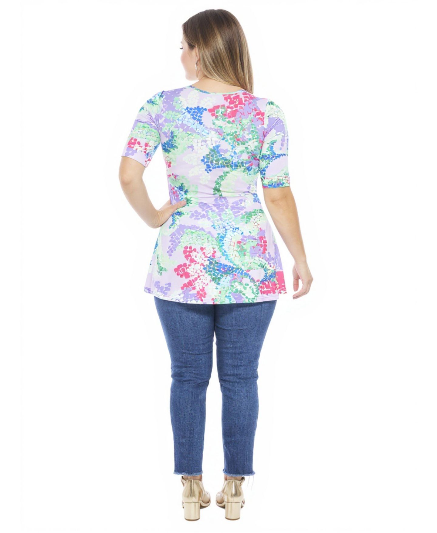 Женский топ 24seven Comfort Apparel Plus Size Abstract V-Neck Elbow Sleeve Henley Tunic Top, цвет: Синий разноцветный — фото 2