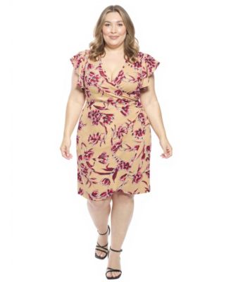 Plus Size Floral Flutter Sleeve Faux Wrap Dress