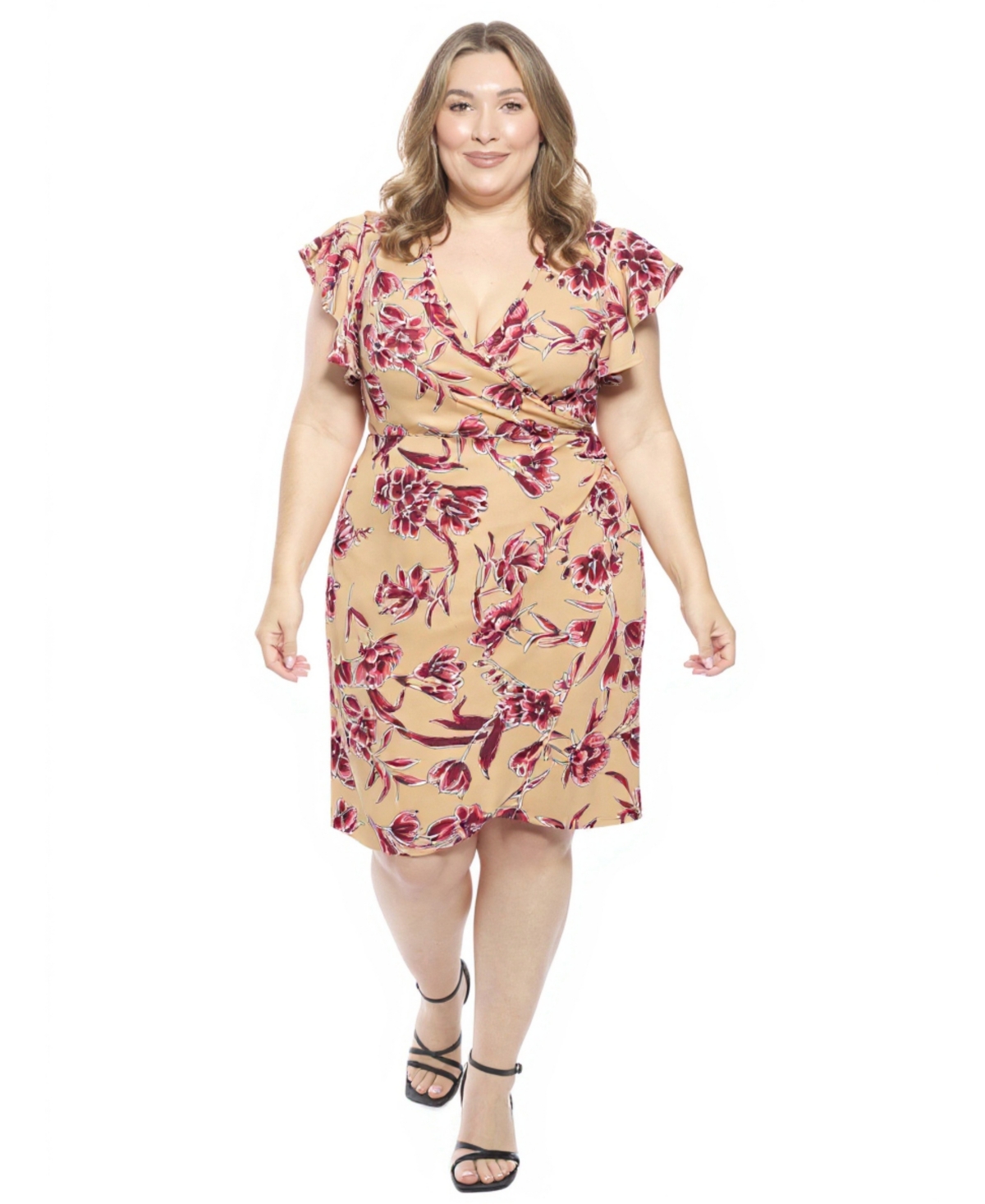 24seven Comfort Apparel Plus Floral Flutter Sleeve Faux Wrap Dress