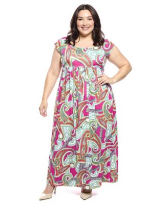 Plus Size Paisley Square Neck Cap-Sleeve Maxi Dress