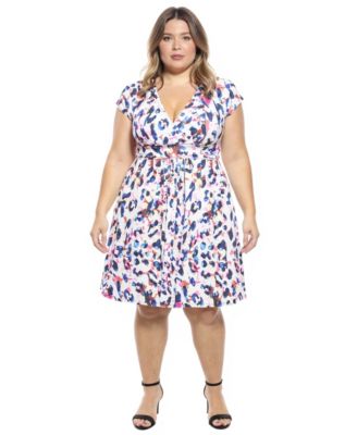 Plus Size Animal Print Cap-Sleeve A-Line Pocket Dress