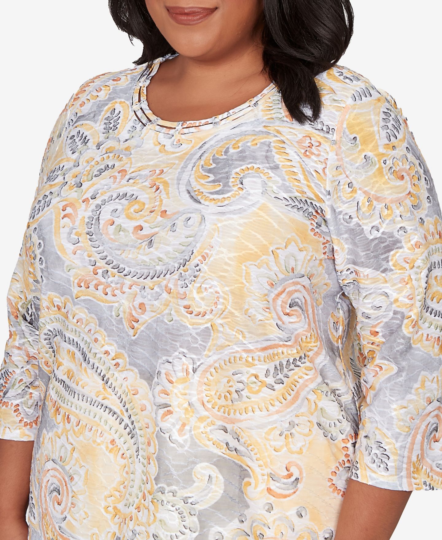 Женский топ Alfred Dunner Plus Size Al Fresco Paisley Printed Patch Knit, цвет: Разноцветный жёлтый — фото 3