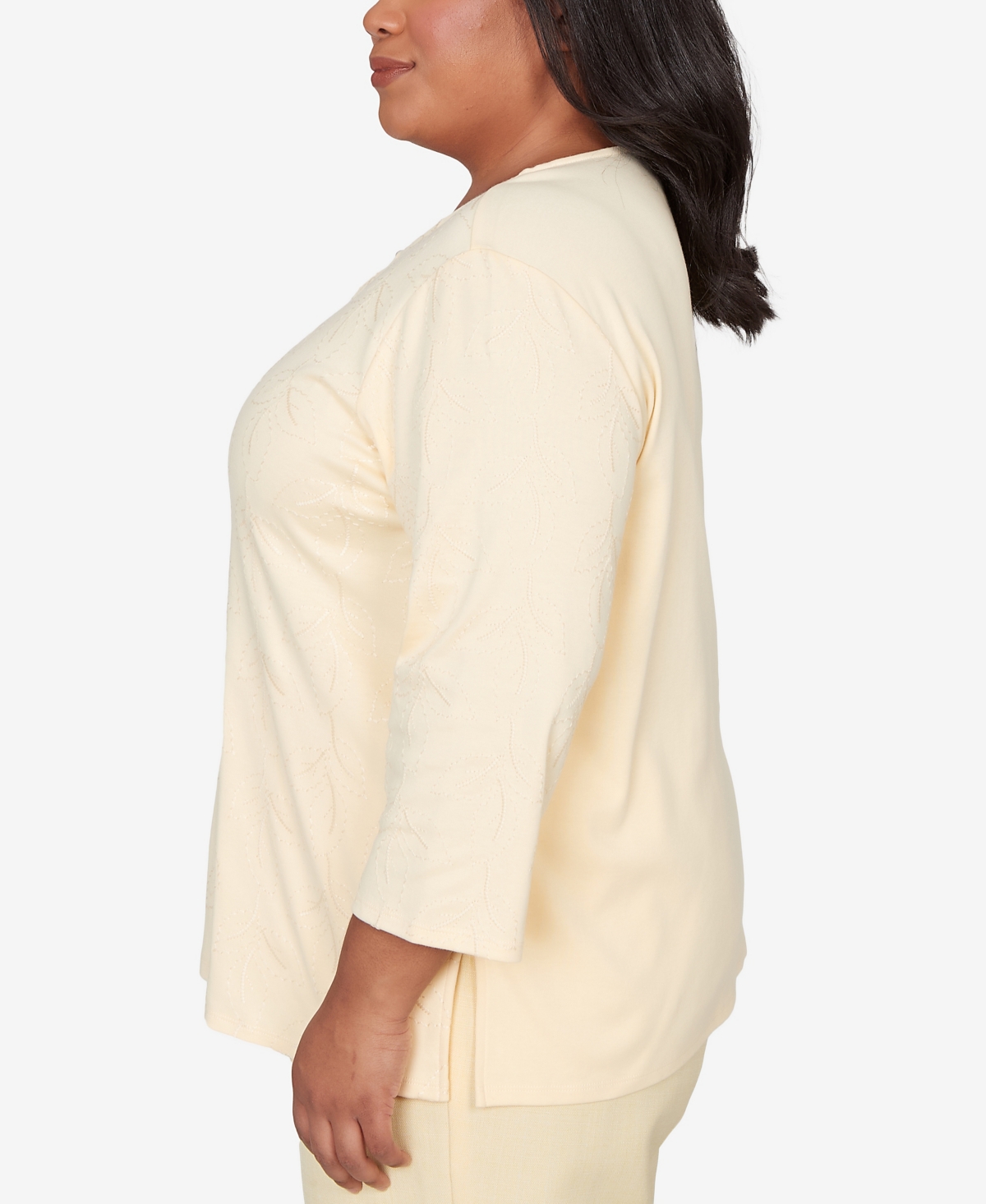 Alfred Dunner Plus Al Fresco Asymmetrical Floral Embroidered Textured Top