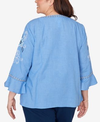 Plus Size Mykonos Floral Textured Embroidered Split Neck Top