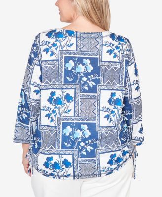 Plus Size Mykonos Framed Floral Ruched Side Tie Top