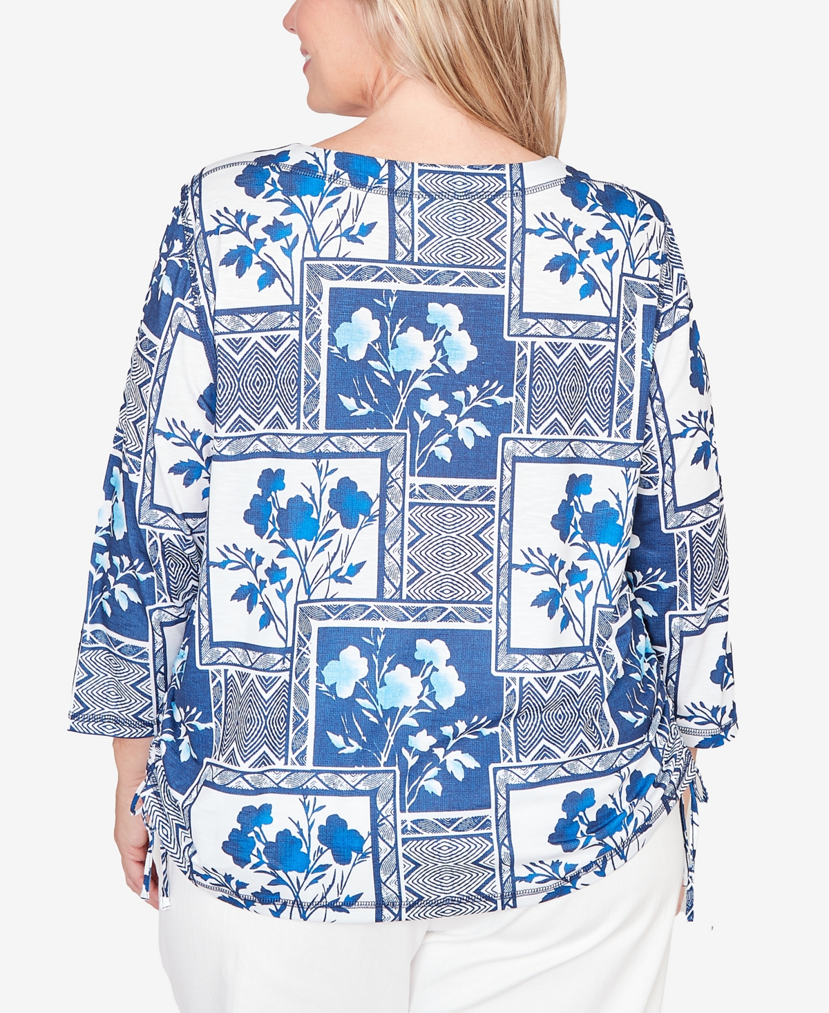 Alfred Dunner Plus Mykonos Framed Floral Ruched Side Tie Top