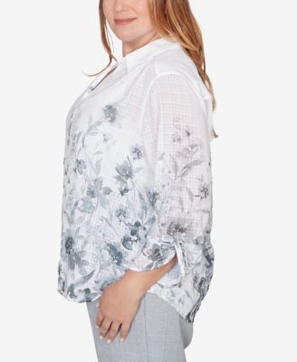 Plus Size Al Fresco Collared Watercolor Print Button front closure Top