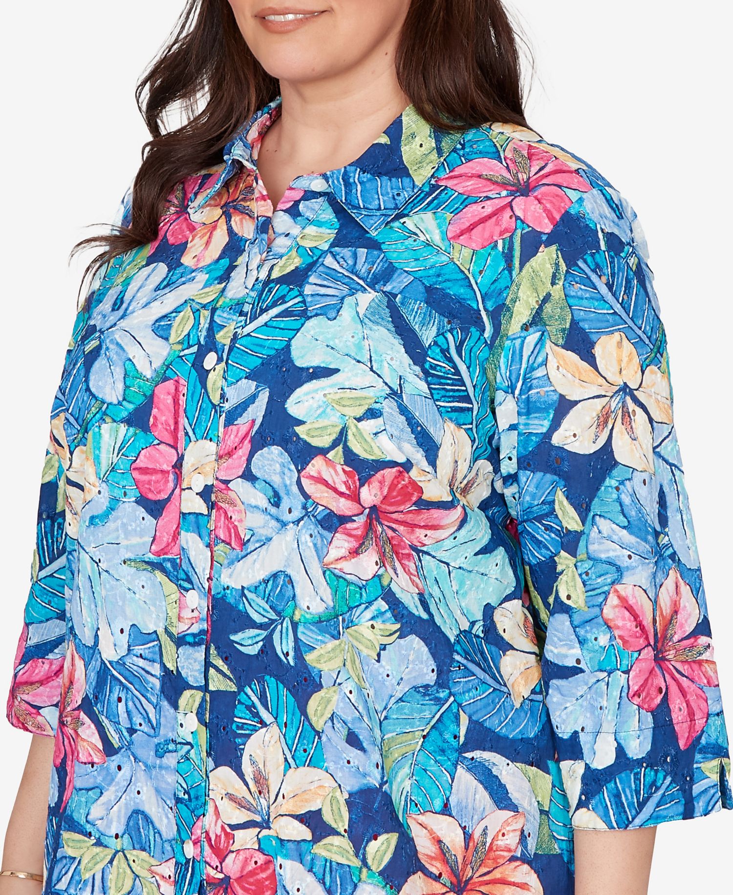 Plus Size The Royal Treatment Tropical Eyelet Button Down Top