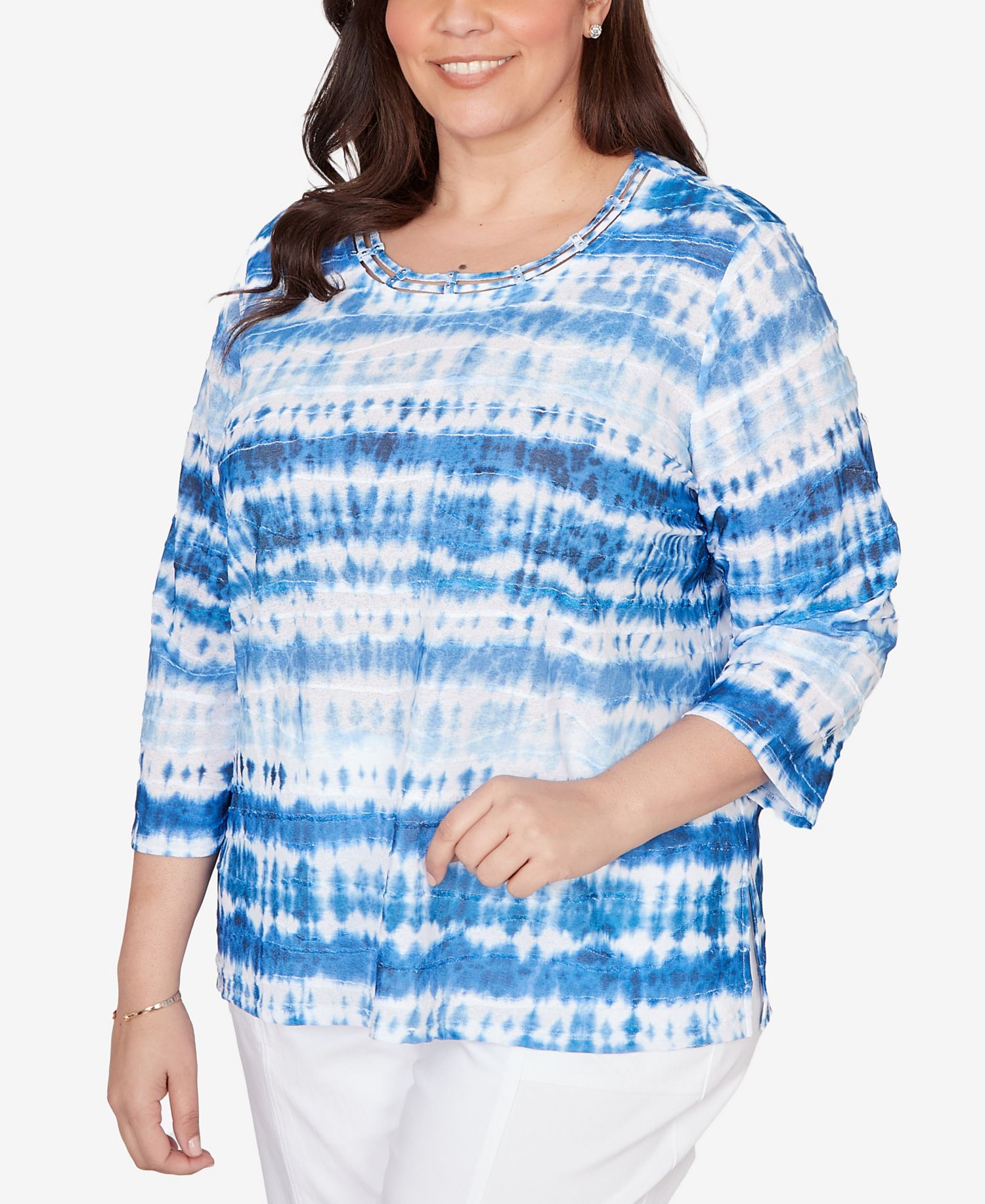 Plus Size The Royal Treatment Tie Dye Biadere Knotted Crew Neck Top