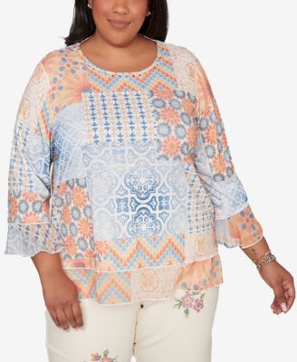 Plus Size Beachcomber Patchwork Medallion Ruffle Sleeve Top