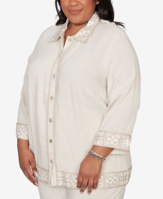Plus Size Natural Wonder Embellished Crochet Trim Linen Jacket