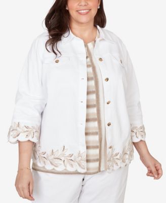 Plus Size Natural Wonder Leaf Cutout Embroidered Shirt Jacket