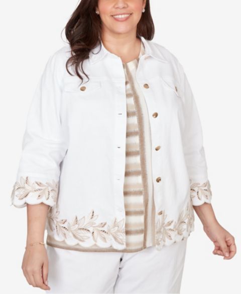 Женские куртки Alfred Dunner Plus Size Natural Wonder Leaf Cutout Embroidered Shirt Jacket
