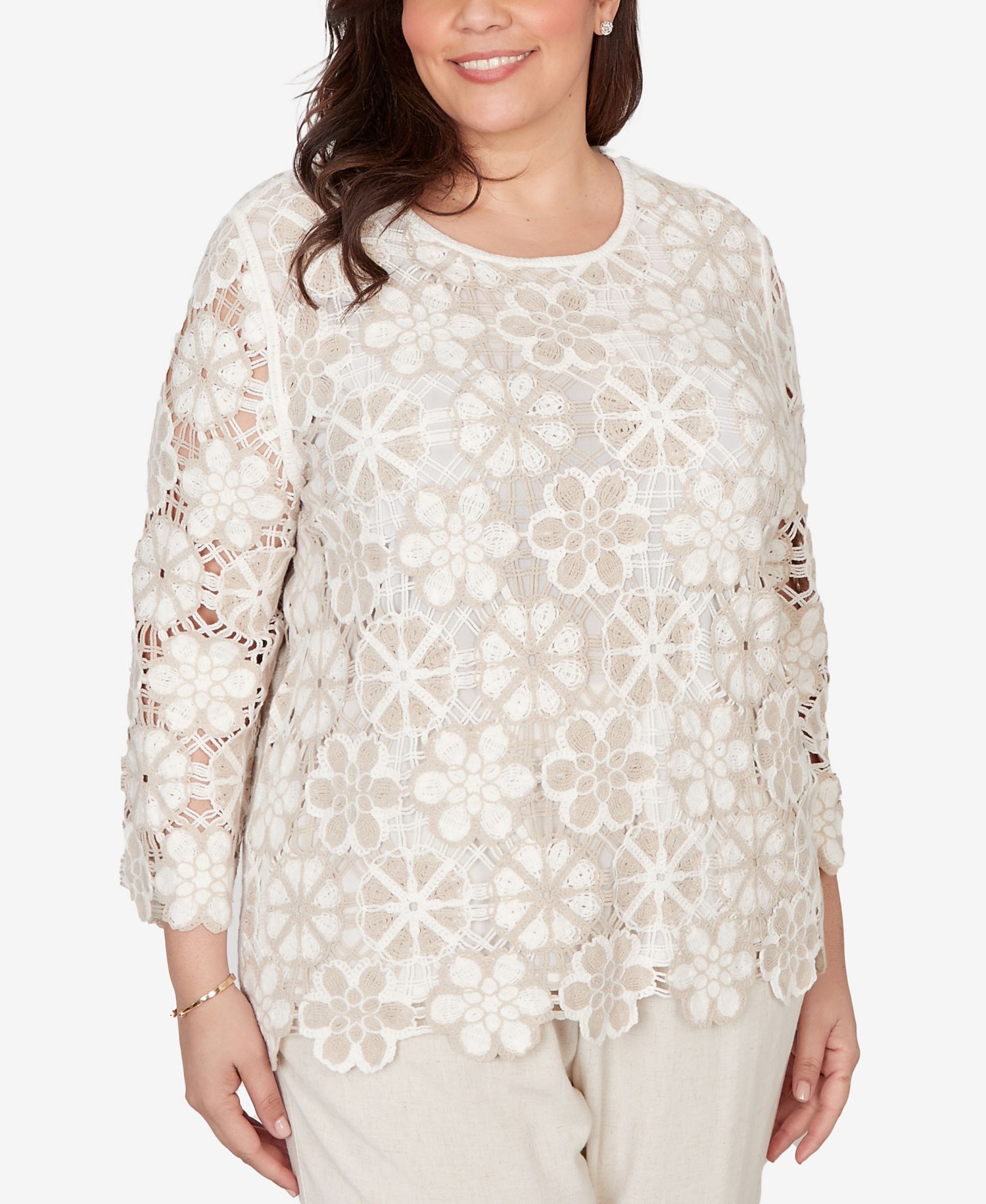Plus Size Natural Wonder Floral Crochet Three Quarter Sleeve Top