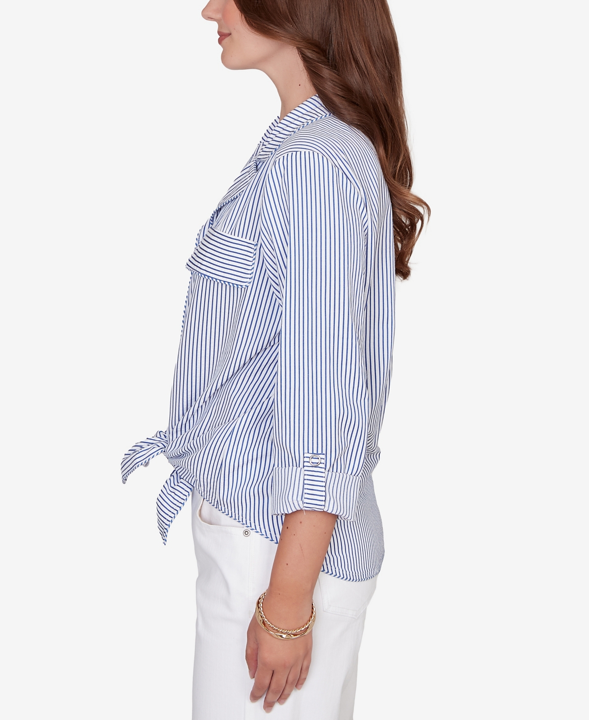 Ruby Rd. Petite Snap Front Tie Hem Pucker Stripe Top