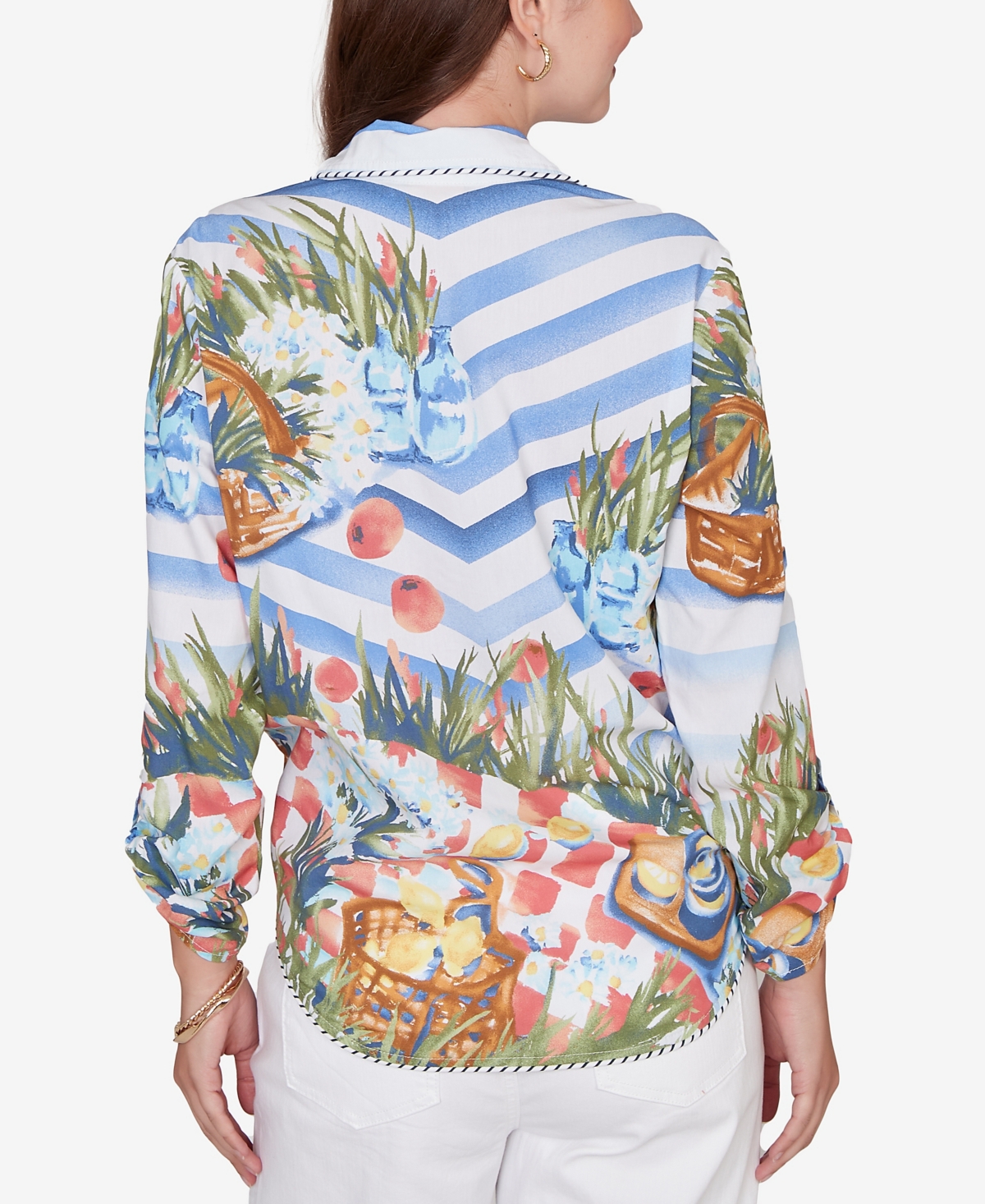 Ruby Rd. Petite Picnic Print Poplin Tied Snap Front Top