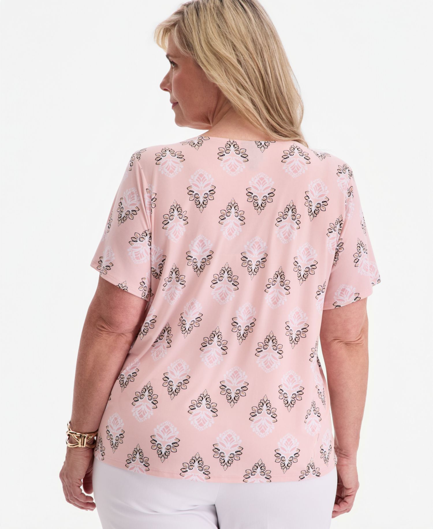 Plus Size Large Floret Zippered V-Neck Top