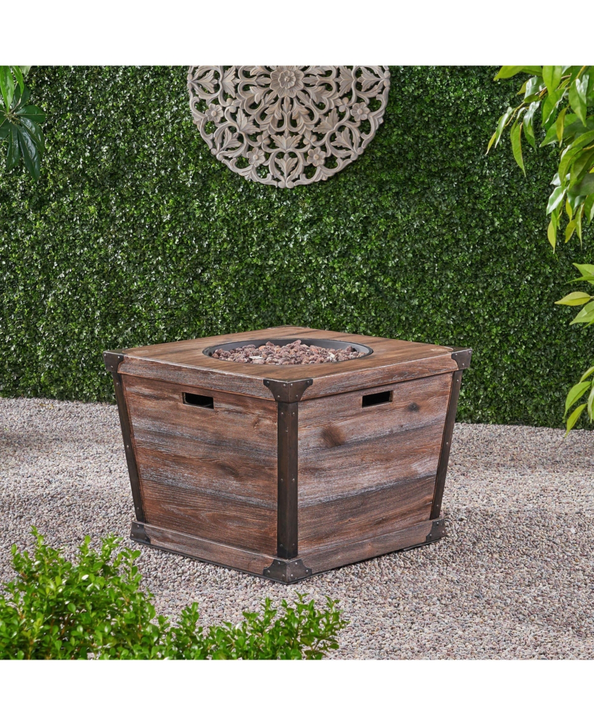 Flynama 32 Inch W 24 Inch H Square Concrete Gas Fire Pit Brown Wood Pattern 40000 Btu Tank Inside
