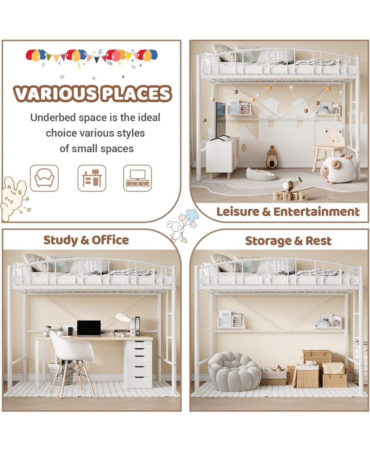 gaomon Loft Bed Twin Size, Heavy Duty Metal Frame with Arched Guardrail and Safety Ladder, Space-Saving, No Box Spring Needed