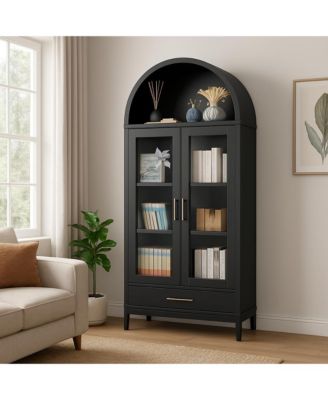 1 Drawer & 2 Doors Arched Fluted Storage Cabinet,Black Arch Bookcase with Glass Doors, Modern Freestanding Kitchen Pantry CabinetOrganizer