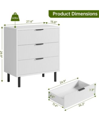 Fluted 3 Drawers Dresser, Wide Wood Chest of Drawers, Modern Storage Dresser Chest of Drawers Organizer with Metal Legs