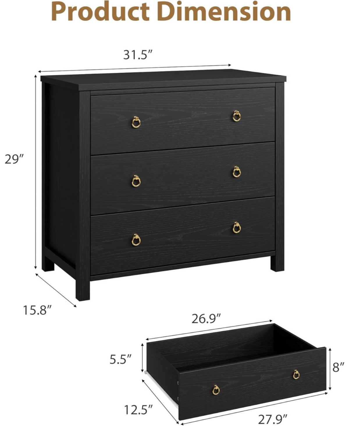 gaomon 3-Drawer Dresser for Bedroom, 29" Tall Chest of Drawers Nightstand for Closet