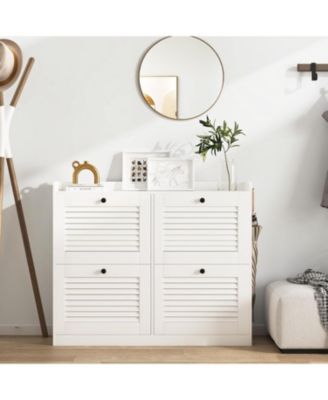 Large Shoe Storage Cabinet with 4 Flip Drawers, Narrow Entryway Shoe Organizer with Adjustable Shelves, White