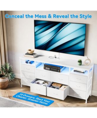 63" Dresser with 10 Fabric Drawers, Wide Dresser TV Stand with Built-in USB Ports & LED Lighting, Multi-Functional Storage Unit for 75 Inch