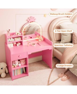 Kids Vanity Lighted Mirror - 2 in 1 Princess Vanity Set Toddler Vanity Table and Chair Set for Bedrooms, Apartments