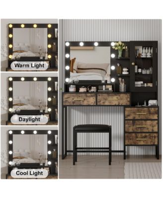 Large Makeup Vanity Desk  Mirror LED Lights Charging Station Stool Drawers and Storage Shelves for Bedrooms, Apartments
