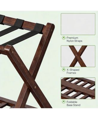 Bamboo Foldable Luggage Rack with Nylon Straps for Dual-Layer Storage
