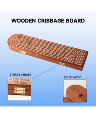 3-Track Wooden Cribbage Board Game with Playing Cards, Metal Pegs and Storage Area for Family Game
