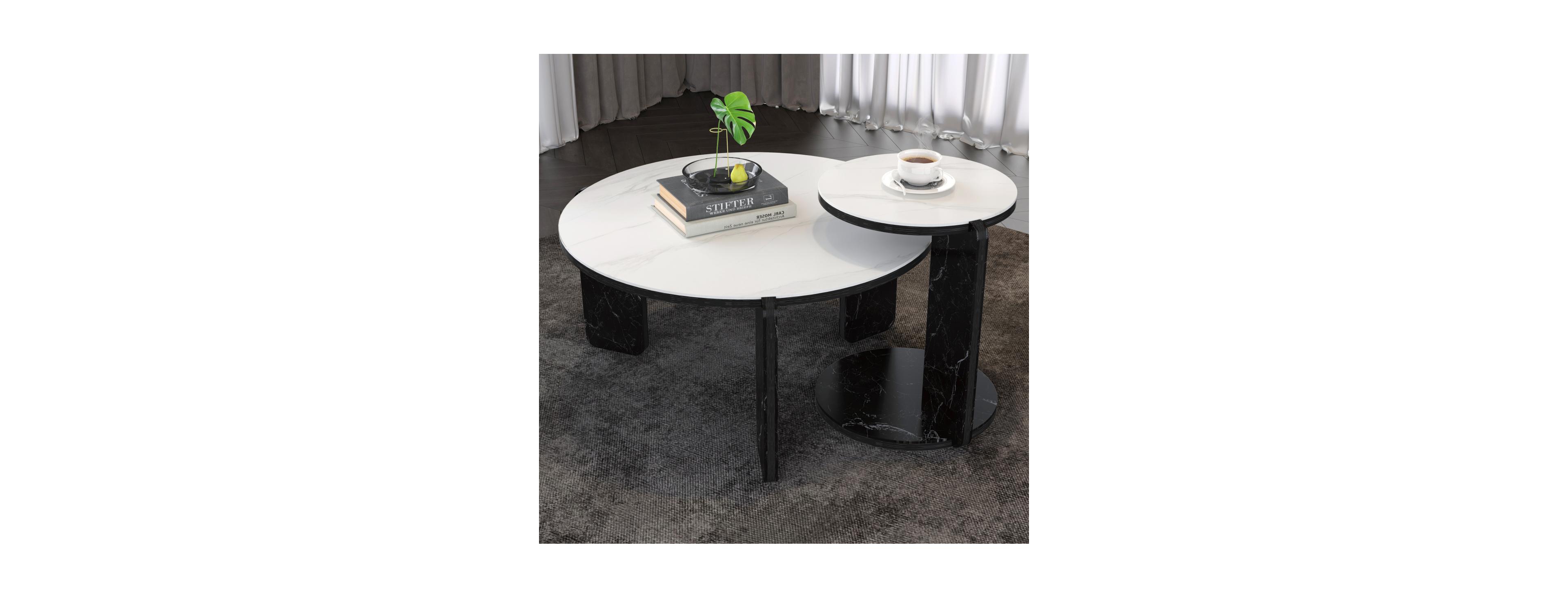 Streamdale Furniture Set of 2 Round Nesting Coffee Tables with White Sintered Stone Top