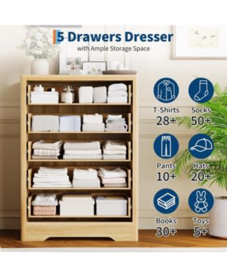 Fluted 5-Drawer Dresser for Bedroom, 42.9" Tall Wooden Chest with Large Storage & TV Stand Use, Beige