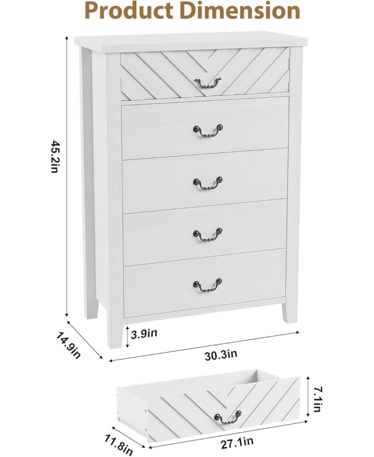 gaomon Farmhouse 5-drawer dresser, 45.2" tall vertical storage chest, freestanding wooden closet dresser for bedroom.