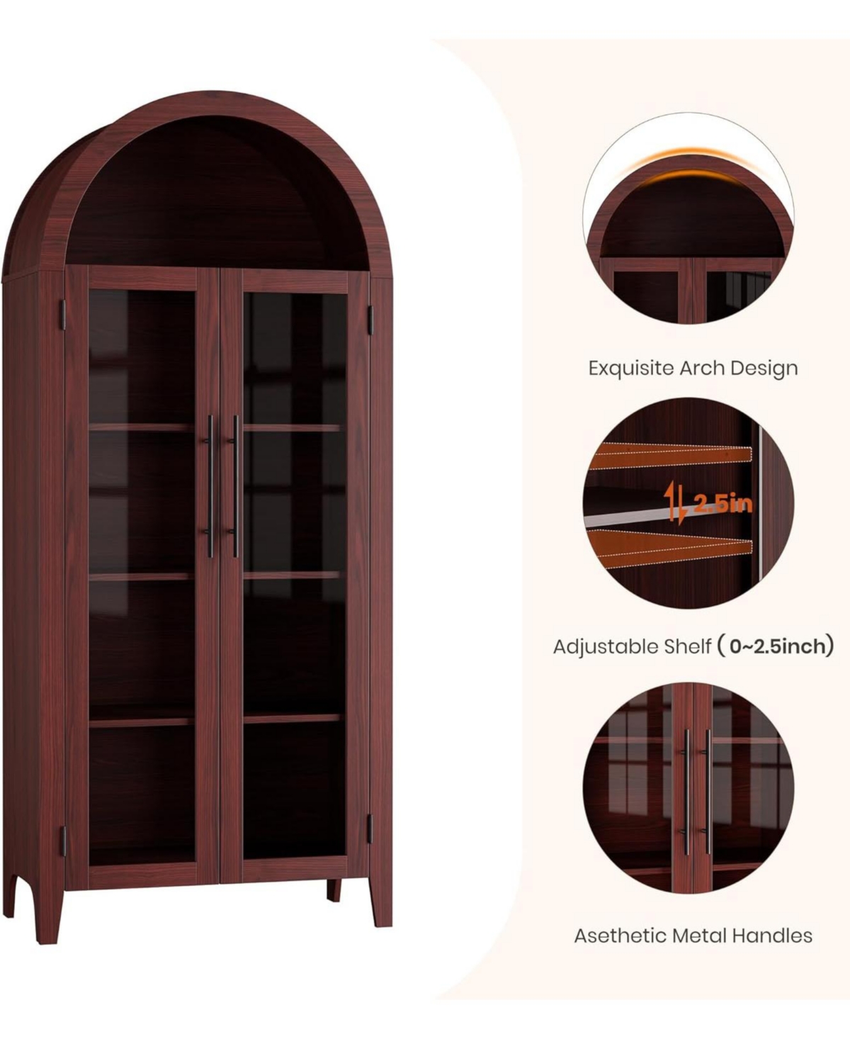 gaomon Arched Kitchen Pantry Cabinet, 5-Tier Open Shelf with Glass Doors, Farmhouse Storage for & Dining