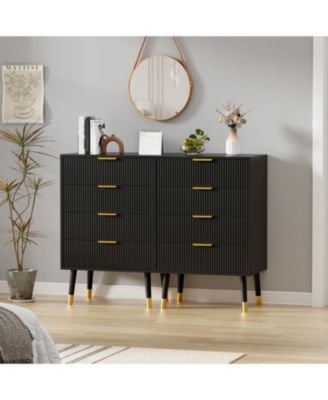 fluted 4-drawer tall dresser with gold metal handles, wooden storage chest organizer for bedroom or living room