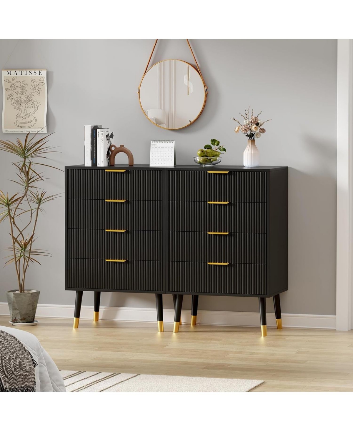 gaomon fluted 4-drawer tall dresser with gold metal handles, wooden storage chest organizer for bedroom or living room