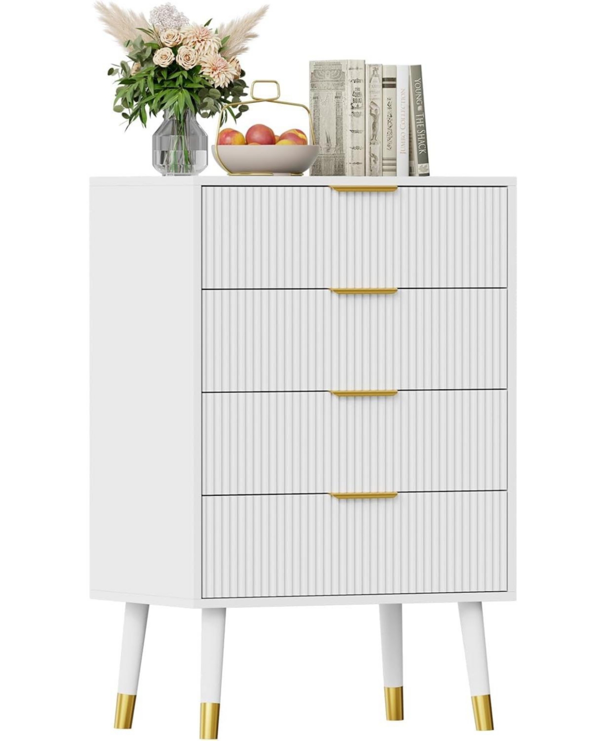 gaomon fluted 4-drawer tall dresser with gold metal handles, wooden storage chest organizer for bedroom or living room