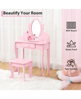 Kids Vanity Set with Mirror and Stool, Girls Wooden Makeup Playset