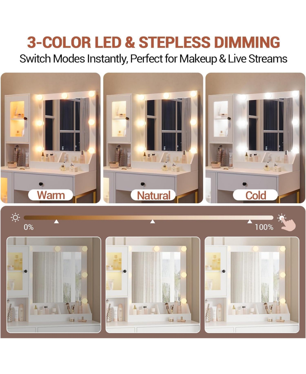 Gaomon Makeup Vanity Desk Led Lights and Mirror 3 Color Modes Bulbs Dressing Table for Bedrooms, Apartments