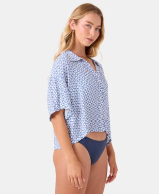 Juniors' Hazy Dazy Crop Button-Up Swim Shirts