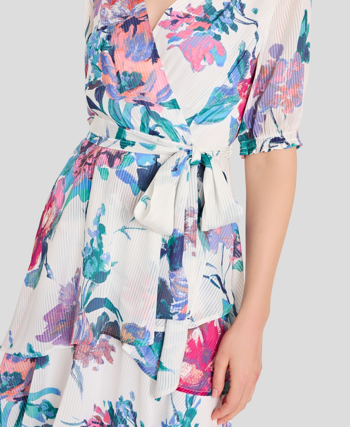 Tahari Asl Women's Faux Wrap Printed Ruffle Hem V-Neck Dress