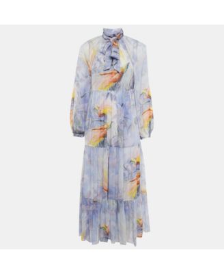 Women's Purple Floral Print Crepe Self Tie Stand Collar Dress