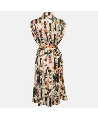 Women's Multicolor Printed Silk Button Front Belted Long Dress