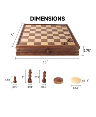 15" Large Wooden 2-in-1 Chess and Checkers Board Game Combo Set with Drawer, Chess Checker Game Set