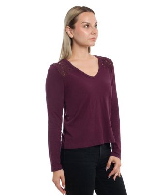 Women's V-Neck Long Sleeve Mixed Media Tee