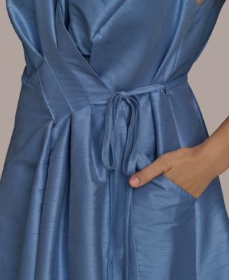 Plus Size Shantung Fit And Flare V-Neck Wrap Dress