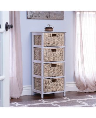 Storage Chest of 4 Drawers White Sollid Wood and Natural Wicker Baskets