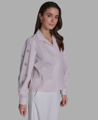 Women's Collared Striped Embellished-Sleeve Shirt